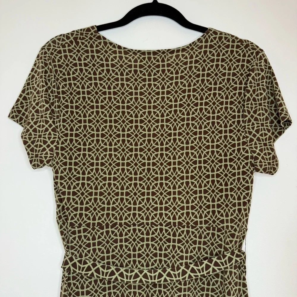 NWT JOHNPAULRICHARD Surplice Top Belted Fit and Flare Geometric Print Midi Dress